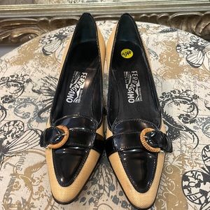 Ferragamo Wicker Patent Buckle Heels